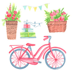 set of template card cartoon watercolor bike with cute gifts, baskets with flowers, flags isolated on white background