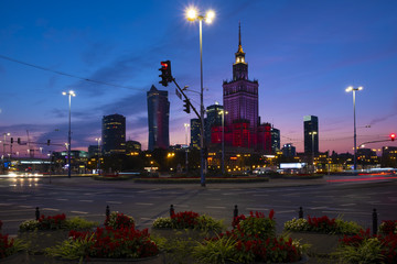Obraz premium Warsaw, Poland - Evening panoramic view of city center with Culture and Science Palace and downtown skyscraper