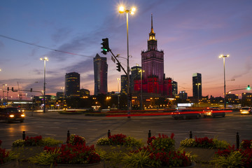 Warsaw, Poland - Evening panoramic view of city center with Culture and Science Palace and downtown...