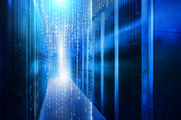 Digital composite of Computer server and technology information interface. Stand with server hardware and lighting in room motion blur