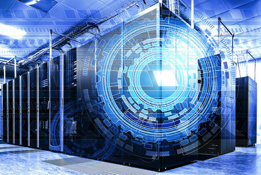 Modern server room or a bitcoin farm interior with servers along the walls. There is a HUD and graphs. - Powered by Adobe