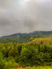 The Carpathian mountains landscape during mist in the autumn season