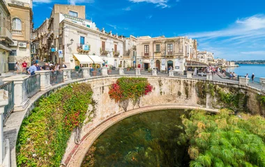 Foto op Plexiglas The Fountain of Arethusa and Siracusa (Syracuse) in a sunny summer day. Sicily, Italy. © e55evu