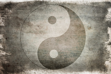 Chinese yin yang sign on a background on old, painted wood - obrazy, fototapety, plakaty