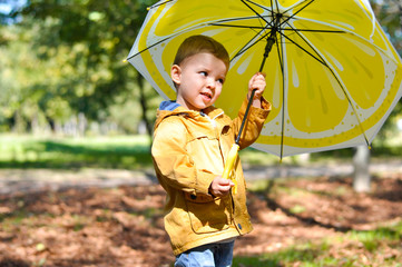 Cute toddler boy in yellow rubber boots, yellow raincoat holding a yellow lemon umbrella in an...