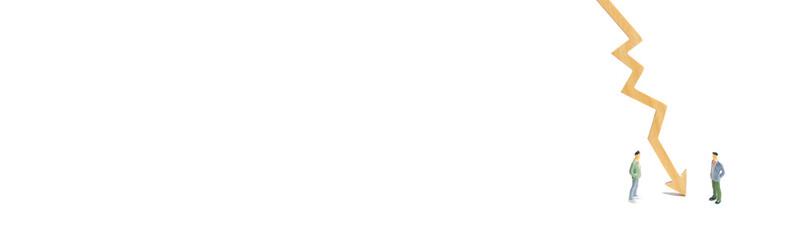 Contract break, conflict of interests. Negotiations of businessmen. banner A wooden chart arrow down divides the two people discussing the case. Termination and breakdown of relations, breaking ties. 