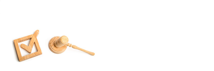 Check mark. The concept of a judicial decision. Referendum and electoral process. Resolution, approval of the bill. Imposition of sanctions. Elections. banner. Checkbox and hammer of the judge. 