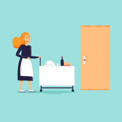 Woman delivers food in the hotel room. Flat design vector illustration. Texture