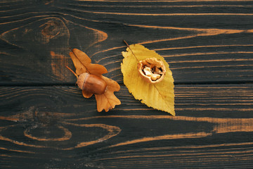 Bright colorful autumn leaves with acorn and nut on rustic wooden table, flat lay. Fall image. Harvest time. Happy Thanksgiving. Greeting card mock-up. Hello Autumn.