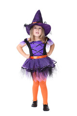 Young girl in halloween costume on white background
