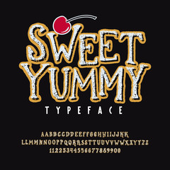 Font Sweet Yummy. Hand crafted typeface vintage design. Original handmade type on black background. Isolated doodle vector letters and numbers. Organic textured alphabet. Badge label logo template.