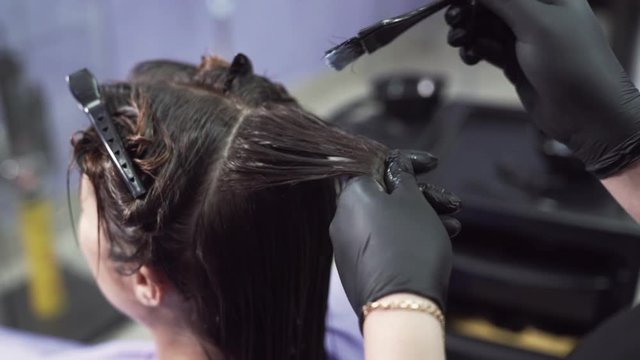 A close-up of the cropped frame stylist applies to the damp hair of the girl keratin with the help of a brush, distributes the composition along the entire length of the hair, takes a comb from the