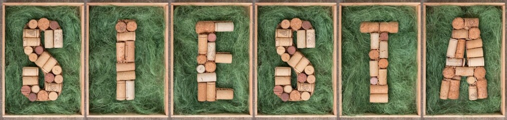 Afternoon rest in spanish word Siesta made of wine corks on green background in wooden box