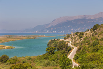 Naklejka na ściany i meble View of the mountains and lagoon Butrint, south Albania