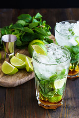 Dirty mojito and ingredients (fresh mint, sliced lime) served on a dark wooden board. High resolution.