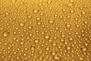 natural water drops on yellow golden background texture