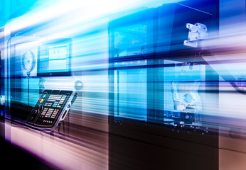 blurring in motion as a concept of modern technologies in Metalworking machine with control panel CNC machine