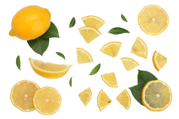 Lemon with leaf and slices isolated on white background. Lay Flat, top view