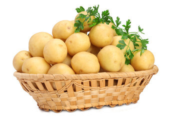Potatoes in basket on white background