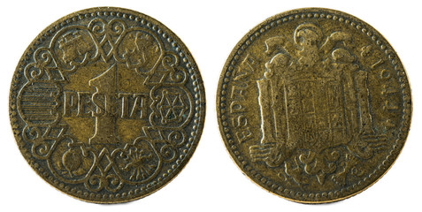 Old Spanish coin of 1 peseta. Francisco Franco. Year 1944.