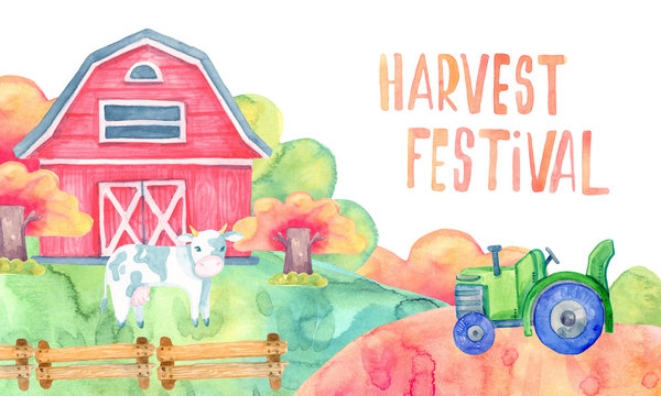 greeting card watercolor cartoon illustration. autumn harvest time. countryside. red barn. cow. tractor