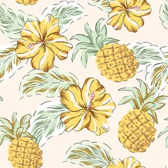 Wall murals Pineapple Tropical yellow hibiscus flowers, green palm leaves, pineapples background. Vector seamless pattern. Jungle illustration. Exotic plants and fruits. Summer beach floral design. Paradise nature