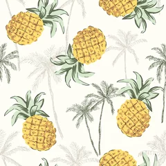 Wall murals Pineapple Tropical yellow pineapples, graphic palm trees on the white background. Vector seamless pattern. Jungle illustration. Exotic plants. Summer beach botanical design. Paradise nature