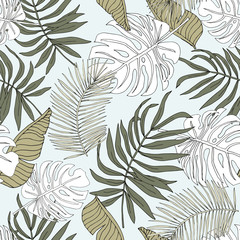 Naklejka premium Graphic linear silhouette monstera, palm leaves with light background. Vector seamless pattern. Tropical jungle foliage illustration. Exotic plants. Summer beach floral design. Paradise nature