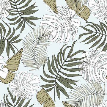 Graphic linear silhouette monstera, palm leaves with light background. Vector seamless pattern. Tropical jungle foliage illustration. Exotic plants. Summer beach floral design. Paradise nature