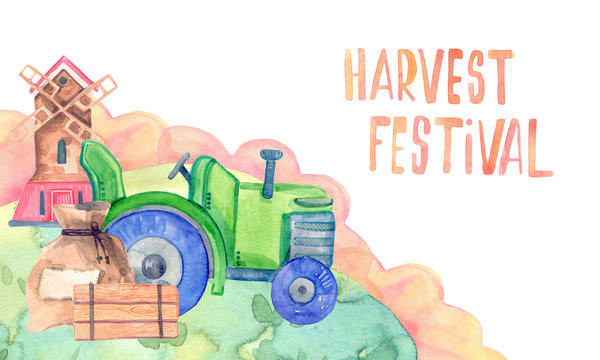 greeting card watercolor cartoon illustration. autumn harvest time. countryside. mill, tractor.
