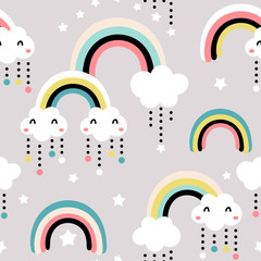 Motif enfantin sans couture avec arc-en-ciel mignon, étoiles, nuages. Texture créative pour enfants scandinaves pour tissu, emballage, textile, papier peint, vêtements. Illustration vectorielle