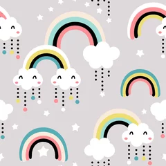 Fototapeten Nahtloses kindisches Muster mit süßem Regenbogen, Sternen, Wolken. Kreative skandinavische Kindertextur für Stoff, Verpackung, Textil, Tapete, Bekleidung. Vektor-Illustration © solodkayamari