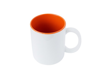 White mug with a orange bottom on a white background.