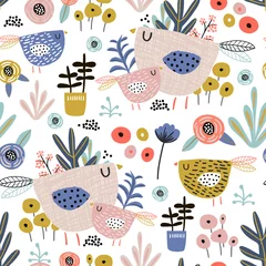 Zelfklevend Fotobehang Planten in pot Naadloze patroon met bloemen, vogels, bladeren in potten. Creatieve bloementextuur. Geweldig voor stof, textiel vectorillustratie