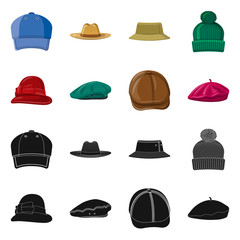 Vector illustration of headgear and cap symbol. Collection of headgear and accessory stock vector illustration.