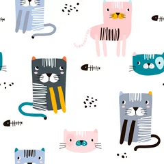  Naadloos kinderachtig patroon met grappige katten. Creatieve Scandinavische kinderen textuur voor stof, verpakking, textiel, behang, kleding. vector illustratie © solodkayamari