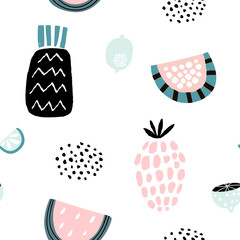 Summer pattern with creative fruits, pineapple, watermelon, lemons. Hand drawn fruits trendy background. Great for fabric and textile.