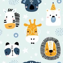 Estores personalizados com sua foto Seamless childish pattern with funny animals faces . Creative scandinavian kids texture for fabric, wrapping, textile, wallpaper, apparel. Vector illustration