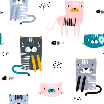 Fototapeta Seamless childish pattern with funny cats. Creative scandinavian kids texture for fabric, wrapping, textile, wallpaper, apparel. Vector illustration