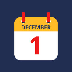 Flat icon calendar 1st of December isolated on blue background. Vector illustration.