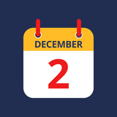 Flat icon calendar 2nd of December isolated on blue background. Vector illustration.