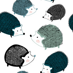 Seamless pattern with ink drawn hedgehogs. Creative scandinavian background. Perfect for kids apparel,fabric, textile, nursery decoration,wrapping paper.Vector Illustration