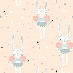 Seamless pattern with cute bunny ballerina with wings, stars, magic wand . Creative childish background. Perfect for kids apparel,fabric, textile, nursery decoration,wrapping paper.Vector Illustration © solodkayamari