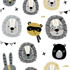 Seamless childish pattern with stylish monochrome animals . Creative scandinavian kids texture for fabric, wrapping, textile, wallpaper, apparel. Vector illustration - obrazy, fototapety, plakaty