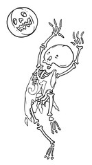 Halloween cartoon style character. Skeleton scary basketball player whith pumpkin ball. - 223430896