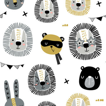 Seamless Childish Pattern With Stylish Monochrome Animals . Creative Scandinavian Kids Texture For Fabric, Wrapping, Textile, Wallpaper, Apparel. Vector Illustration