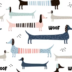 Fotobehang Honden Kinderachtig naadloos patroon met kleurrijke teckels. Trendy Scandinavische vector achtergrond. Perfect voor kinderkleding, stof, textiel, kinderkamerdecoratie, inpakpapier