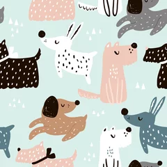 Vlies Fototapete Hunde Kindisches nahtloses Muster mit handgezeichneten Hunden. Trendiger skandinavischer Vektorhintergrund. Perfekt für Kinderbekleidung, Stoff, Textilien, Kinderzimmerdekoration, Geschenkpapier