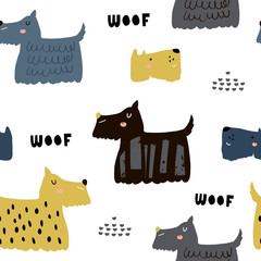 Kinderachtig naadloos patroon met schattige honden. Trendy Scandinavische vector achtergrond. Perfect voor kinderkleding, stof, textiel, kinderkamerdecoratie, inpakpapier