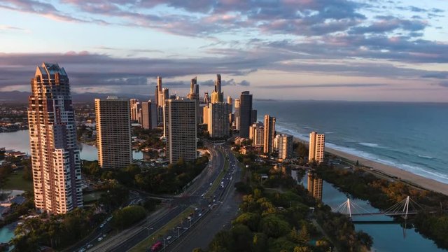 Gold Coast city sunset aerial drone hyper lapse.
